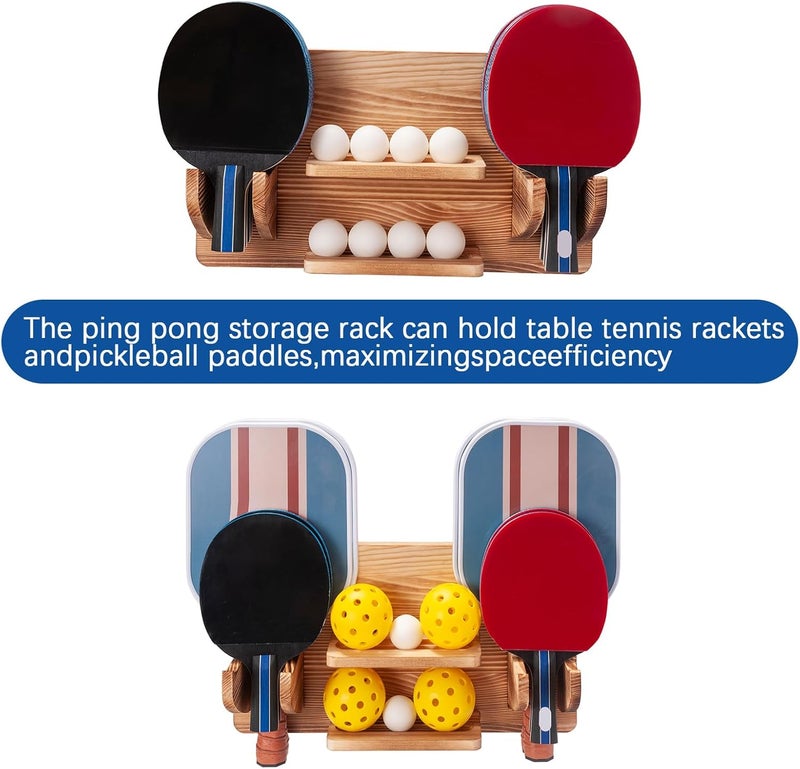 humberboat Ping Pong Paddle Storage Rack, Ping Pong Accessories Organizer Wall-Mount for 6 Paddles, 6 Pickleball Paddles and Balls, Pine Wood Table Tennis Racket Display for Game Room Bar Office Home - Image 2